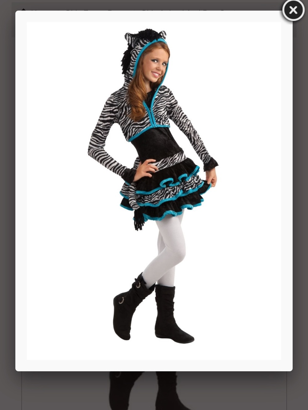 Rubie's Zebra Tween Hooded Costume Sz. Large with Teal Trim - Black White Teal